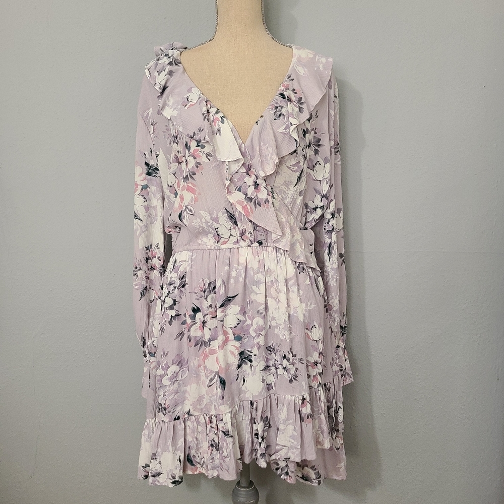 American Rag‎ Junior's Printed Ruffle Trim Wrap Dress Gray